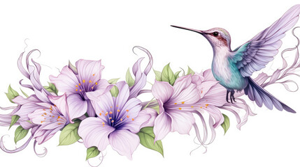 Fototapeta premium Beautiful tropical bird on exotic flowers in vintage style, hummingbirds on white background. Elegant tattoo design. Tattoo style, boho design., generative ai