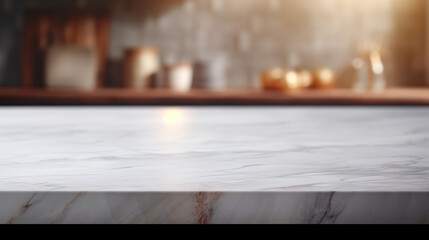Marble Table Top Kitchen Island blurred Background. for montage product display., generative ai
