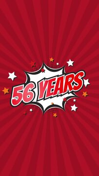 Celebratory animation for 56th fifty-sixth anniversary - 56 fifty-six years birthday. Animated text on pop colorful background with rotating rays.