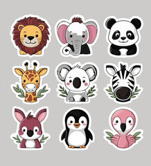 Cute Animals printable stickers clipart vector illustration set