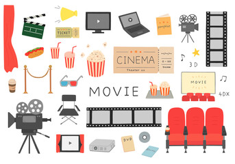 映画にまつわる手描きイラストセット（カラー/主線なし）