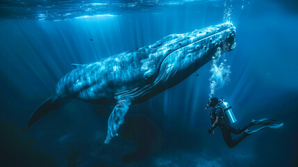 Fototapeta premium A blue whale swims underwater with a scuba diver near the surface. The concept of marine life, human exploration, and the majestic beauty of ocean giants. Generative AI.