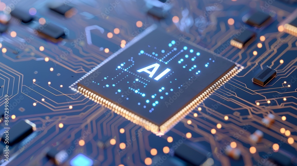 Poster macro shot of an advanced microchip, showcasing the word 