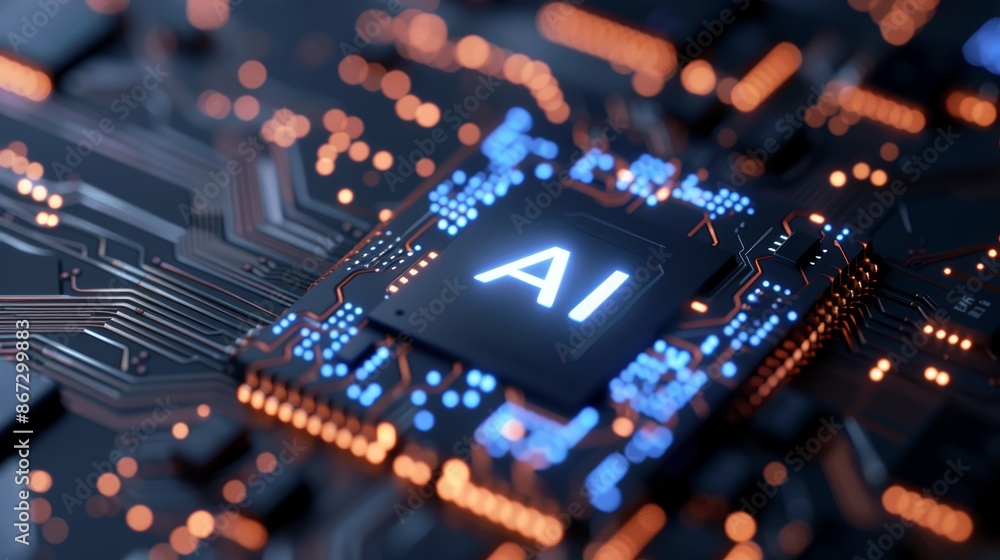 Poster macro shot of an advanced microchip, showcasing the word 