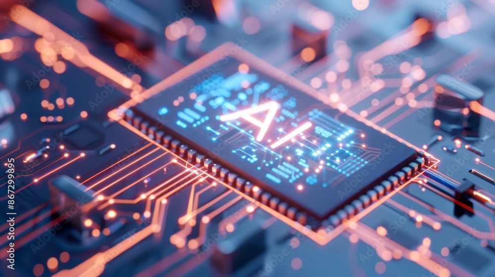 Poster macro shot of an advanced microchip, showcasing the word 