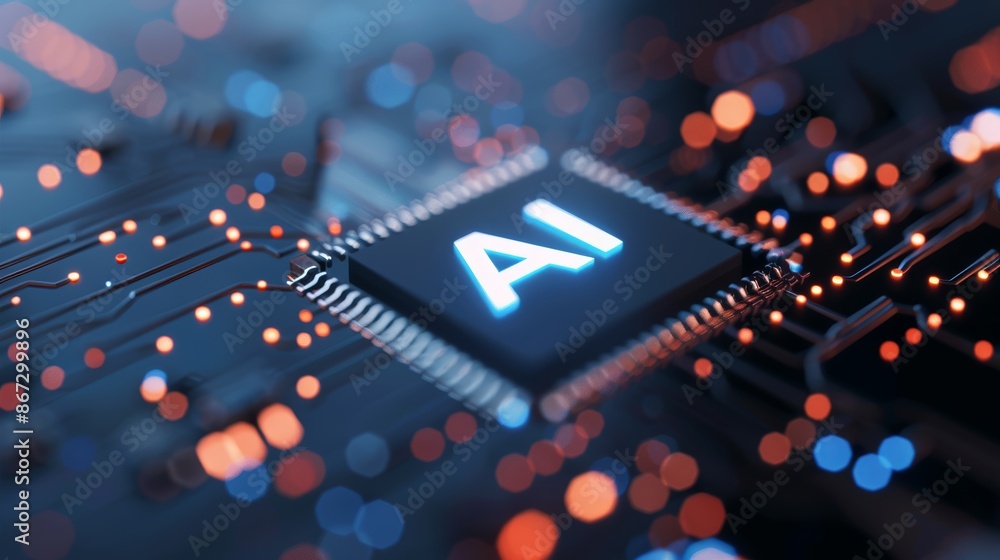Poster macro shot of an advanced microchip, showcasing the word 