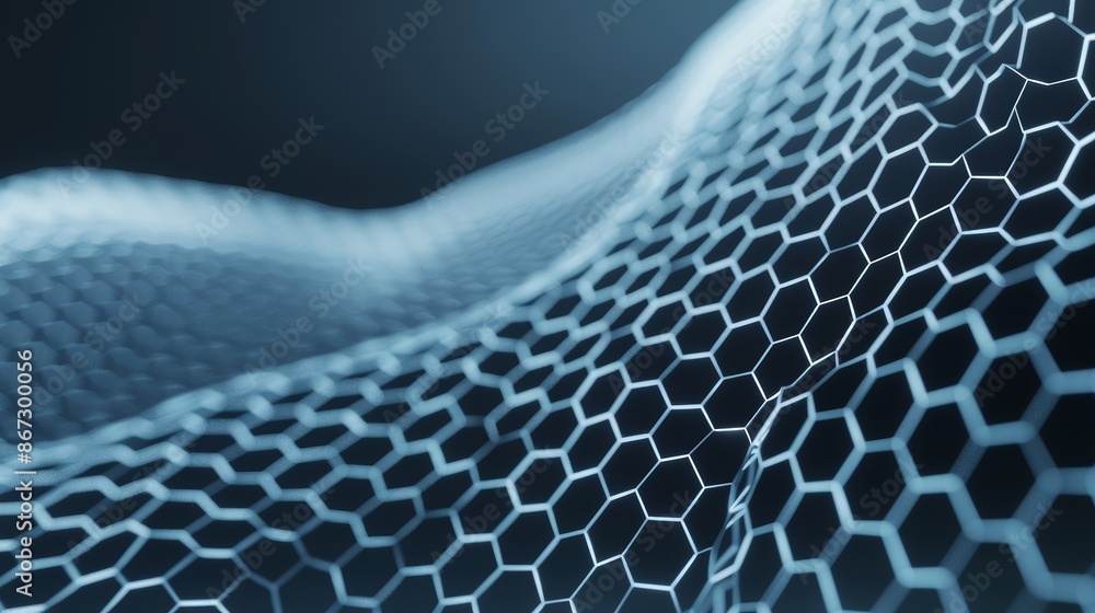 Poster moving dots forming hexagon wave, abstract big data flow, futuristic tech background vector illustra
