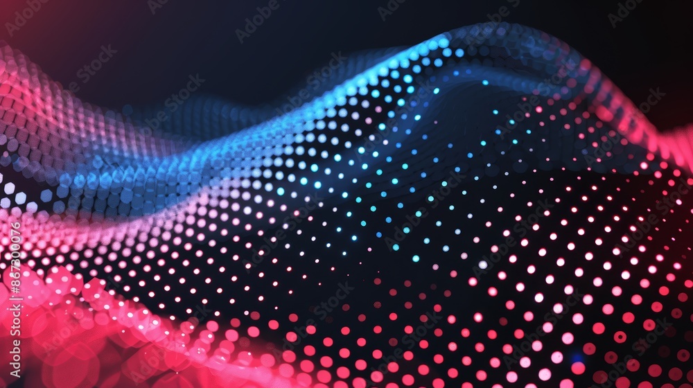 Poster moving dots forming hexagon wave, abstract big data flow, futuristic tech background vector illustra