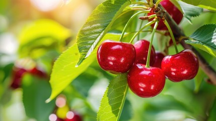 Fototapeta premium Sweet Red Cherries Growing on the Tree in a Close up Shot