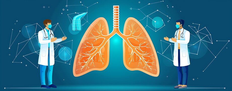 A powerful illustration for World Lung Cancer Day showing a healthy lung vs a diseased lung, with medical professionals providing information The scene is designed with a clear, professional color