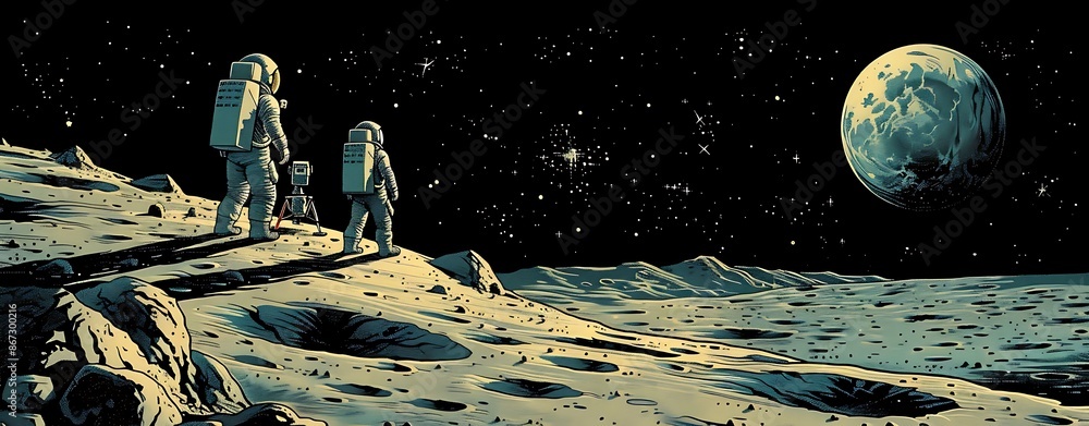 Poster a commemorative illustration of the moon landing showing astronauts collecting samples and conductin