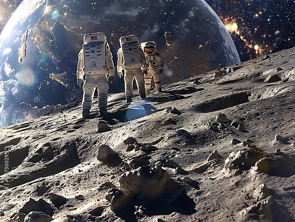 Poster a detailed depiction of the historic moon landing, focusing on the lunar module and astronauts plant
