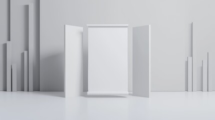 Portable booth stand with blank vertical roll-up banner, perfect for information display and promotion, modern realistic mockup