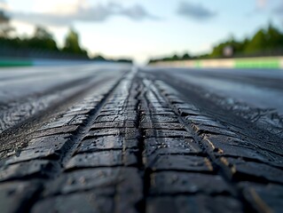 Closeup of a racetracks starting line with fresh tire marks and a green light in the background, symbolizing the anticipation and excitement of a race about to begin