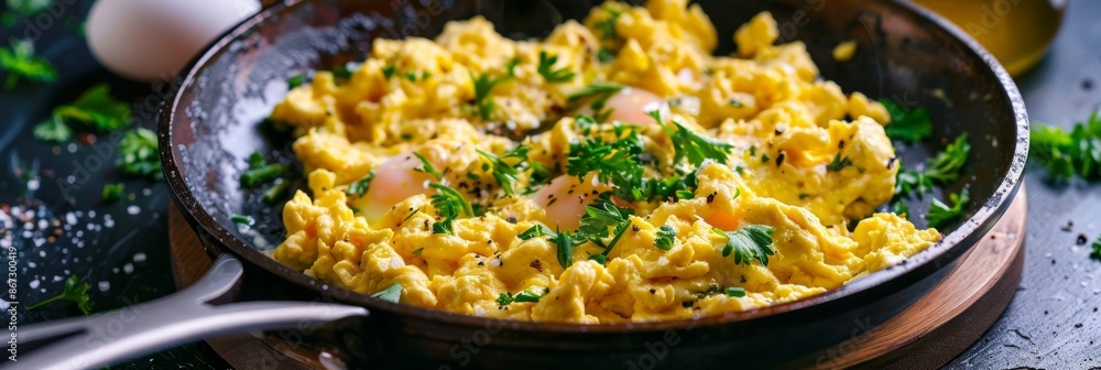 Poster a pan of scrambled eggs being cooked using refined avocado oil creating a light and fluffy texture t