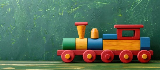 Colorful block adorned wooden toy train against green backdrop