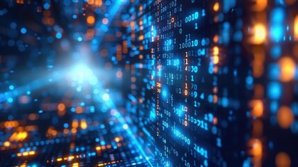 Naklejka premium Blue digital binary data, computer screen background, glowing numbers, high resolution, immersive tech feel, bright and detailed, generative AI