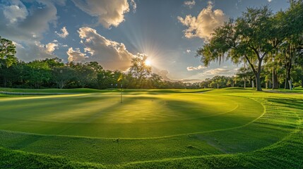 The meticulously maintained golf green beckons golfers to tee off and indulge in the game.