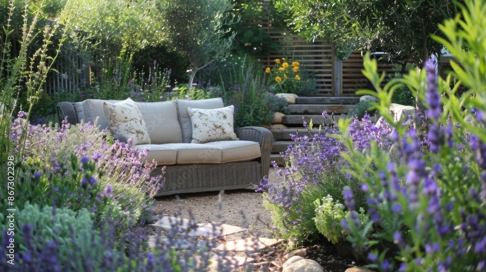 Poster a cozy sitting area surrounded by fragrant herbs creating a serene atmosphere for relaxation and ref