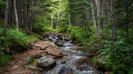 Obraz premium The rugged paths and rocky terrain of a remote wilderness, where the dense woods and crystal-clear streams offer a serene escape into nature's embrace