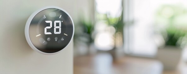 A sleek and modern commercial for a new smart home thermostat, demonstrating its ease of use and energy-saving features in different rooms and weather conditions