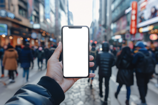 Hands holding smartphone with blank screen on busy city street. Mobile phone with isolated display, mock up for template
