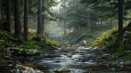 Fototapeta premium The rugged paths and rocky terrain of a remote wilderness, where the dense woods and crystal-clear streams offer a serene escape into nature's embrace