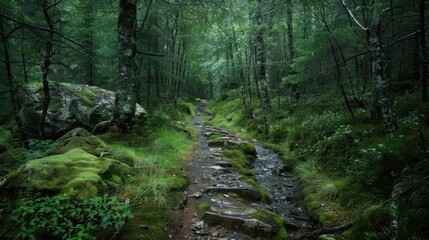 The rugged paths and rocky terrain of a remote wilderness, where the dense woods and crystal-clear streams offer a serene escape into nature's embrace