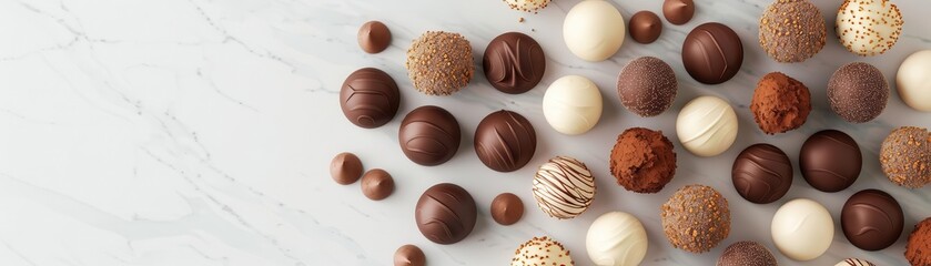 Assortment of gourmet chocolate truffles on a white background.
