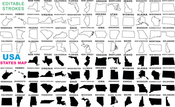 USA states map outlines and silhouettes, 50 America states, including New York, California, Texas, Florida, Ohio, vector illustration for educational, geographic, design, travel purposes.