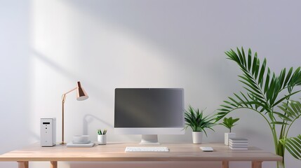 A simple 3D model of a minimalist business workspace with a computer and minimal decor. List of Art Media Minimalist realistic