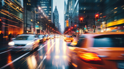 Obraz premium Blurred urban look from fast driving car to back side at bokeh night. A crowded street scene in downtown. Cars light trails at night, Long exposure., generative ai