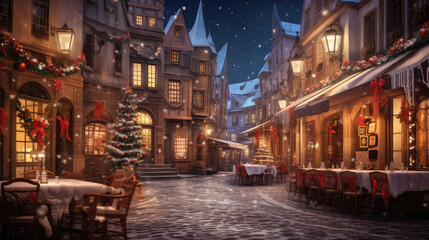 Fototapeta premium Christmas street and xmas cafe in old medieval city. Square decorated to Christmas time at evening. Christmas and 2024 New Year Holidays., generative ai