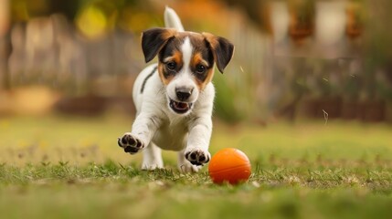 Playful Jack Russell Terrier Puppy Chasing a Ball