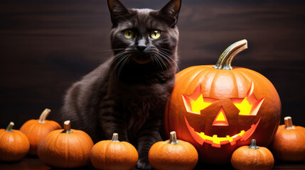 Funny cat with Halloween pumpkins isolated on white background. Kitten and pumpkin on white. Halloween holidays. Autumn season. October. Autumn mood., generative ai