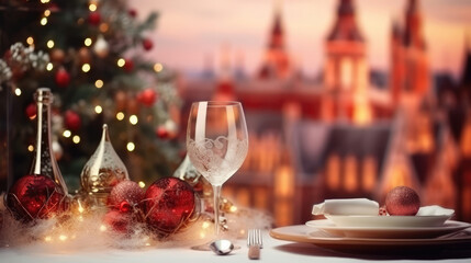 Fototapeta premium Christmas and New Year 2024. Blurred beautiful New Year table setting in red color, against the background of a decorated Christmas tree and a window with a winter town landscape,, generative ai