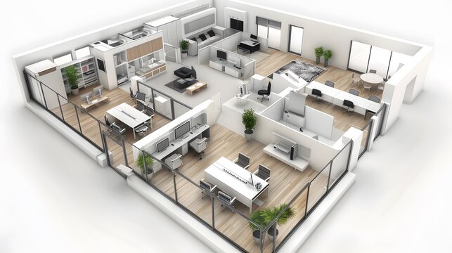 A minimalist 3D model of a business office layout with simple furniture and clean lines. List of Art Media Minimalist realistic