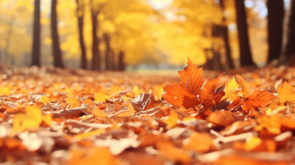 fallen leaves in autumn forest at sunny weather. Beautiful autumn leaves carried on a breeze. Banner autumn background., generative ai