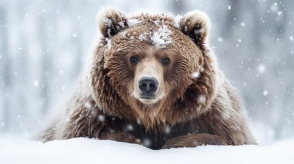 Obraz premium Close up brown bear in snow on a white background,, generative ai