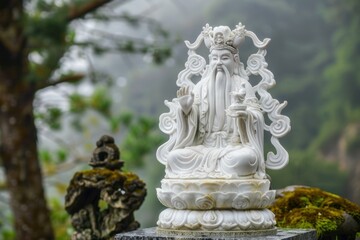 Fototapeta premium Serene white statue of a chinese deity sitting on a throne in a public park