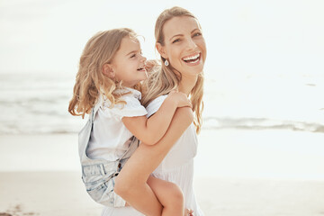 Happy, portrait or mother and daughter at beach for piggyback love, trust and support, laugh and bonding in nature. Travel, family and mom with kid at the ocean for back ride fun, adventure or games