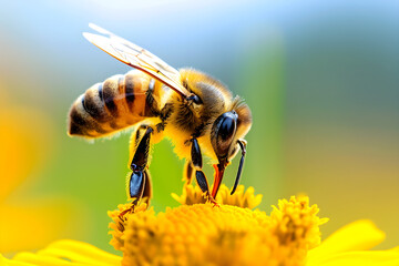 Fototapeta premium Honeybee Pollinating Yellow Flower..