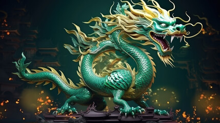 Fototapeta premium Emerald Gold Chinese Dragon. Chinese new year 2024 year of the green Wood dragon , Chinese zodiac symbol, Lunar new year concept. The symbol of the year 2024 dragon,, generative ai
