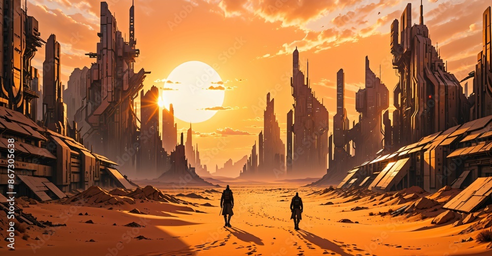 Wall mural desert sci-fi cyberpunk city at sunset. futuristic dystopian town buildings and tall towers on the horizon. abandoned ghost town.