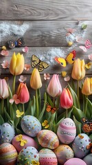 Fototapeta premium A charming Easter scene set against a rustic wooden backdrop, featuring vibrant tulips, whimsical butterflies, and beautifully decorated Easter eggs.
