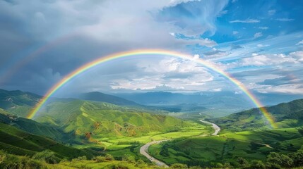 Obraz premium Stunning rainbow arching over a verdant valley with a river winding through it, under a sky clearing after a storm
