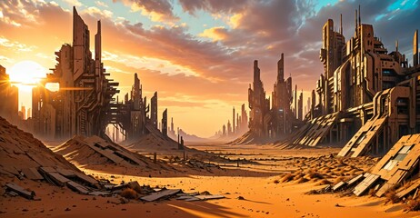Naklejka premium desert sci-fi cyberpunk city at sunset. futuristic dystopian town buildings and tall towers on the horizon. abandoned ghost town.