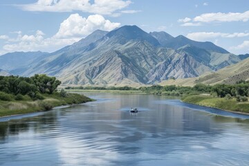 A family enjoying a sunny day boating on a peaceful river with a mountain backdrop