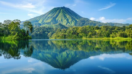 Dormant volcano with lush vegetation on its slopes, a serene lake at its base reflecting the mountain