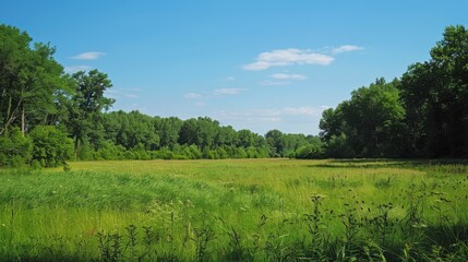 Nature reserve with diverse ecosystems, from dense forests to open meadows, teeming with wildlife under a clear sky